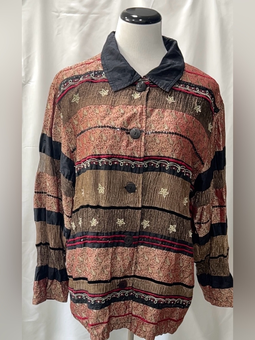 Chicos Design Silk Metallic Striped Paisley Embroidered Button Jacket Womens 3